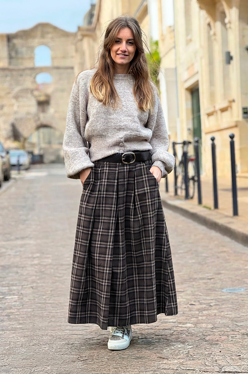 Jupe longue en flanelle imprimé carreaux tartan marron