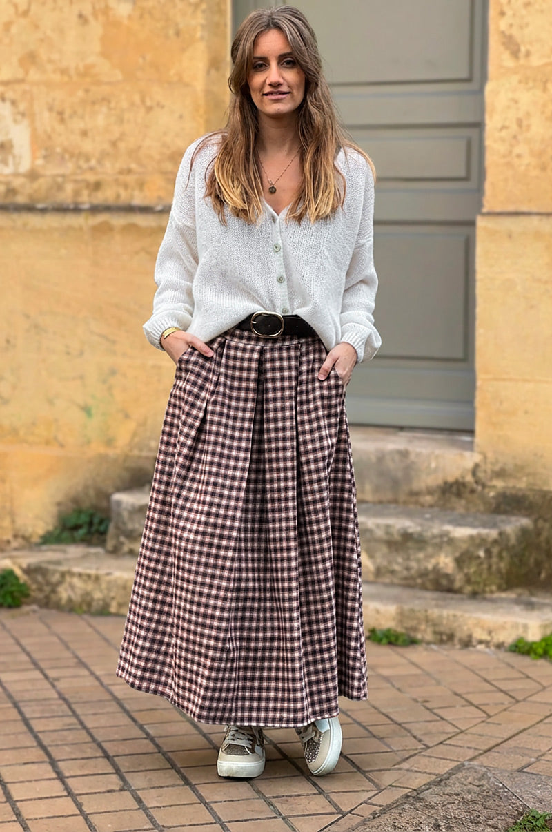 Jupe longue en flanelle imprimé petits carreaux marron et terracotta