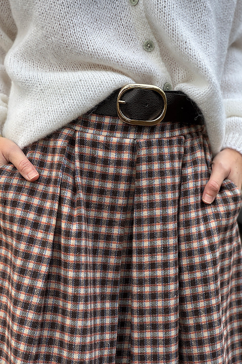 Jupe longue en flanelle imprimé petits carreaux marron et terracotta
