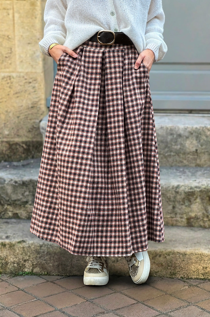 Jupe longue en flanelle imprimé petits carreaux marron et terracotta