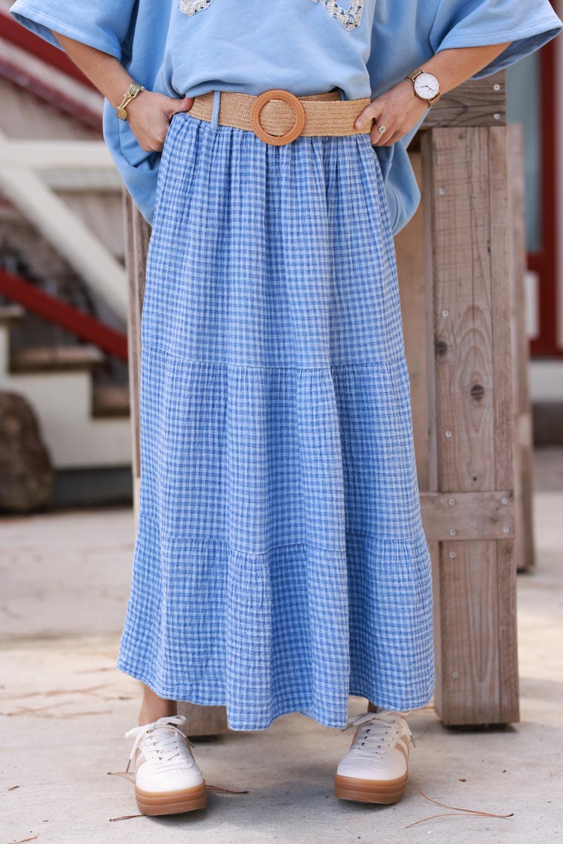 Blue Gingham Tiered Prairie Skirt
