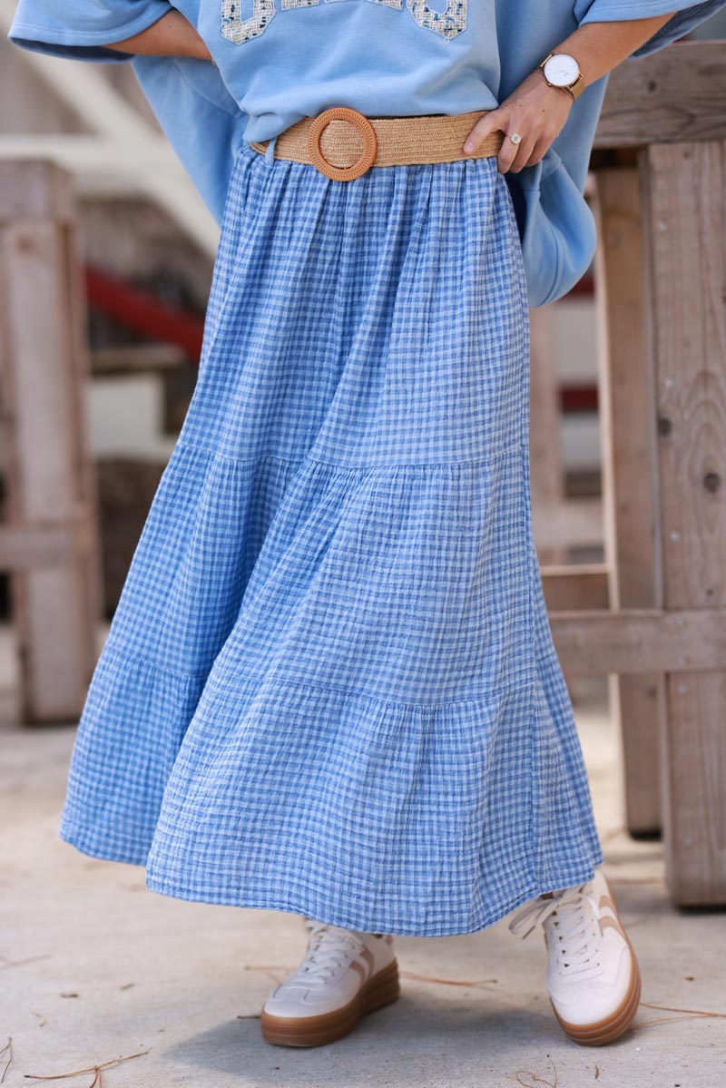 Blue Gingham Tiered Prairie Skirt