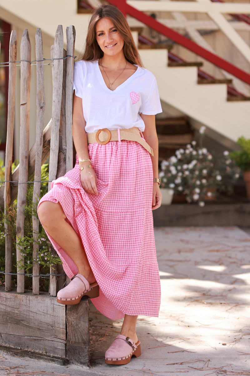 Jupe longue en gaze de coton carreaux vichy rose avec ceinture raphia