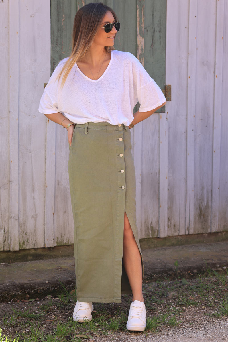 Khaki denim maxi skirt with front buttoned slit Horizons Lointains