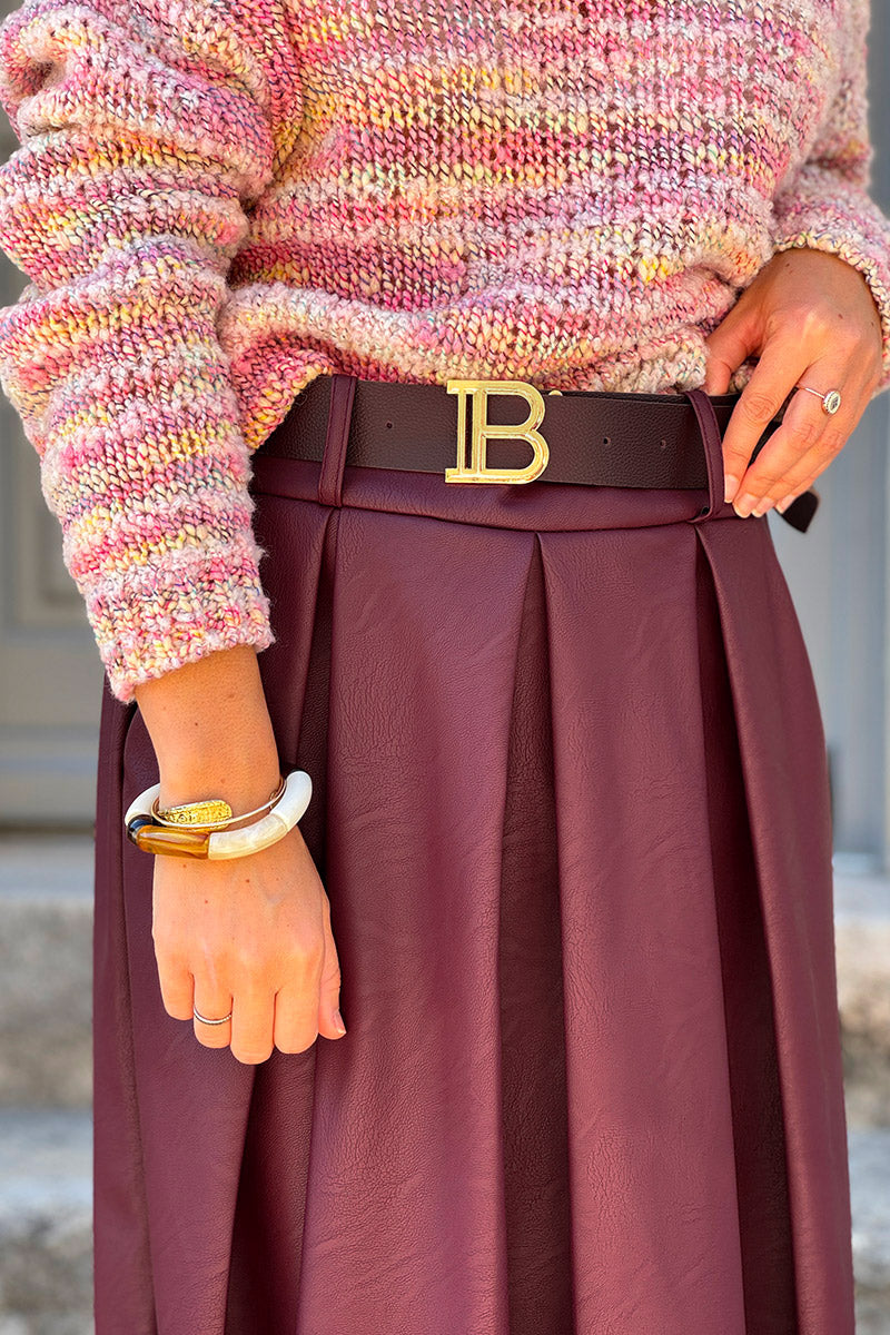 Jupe longue en simili cuir aubergine avec ceinture
