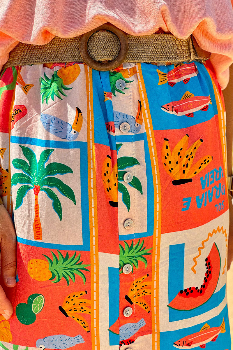 Coral Tropical Block Button-Front Skirt