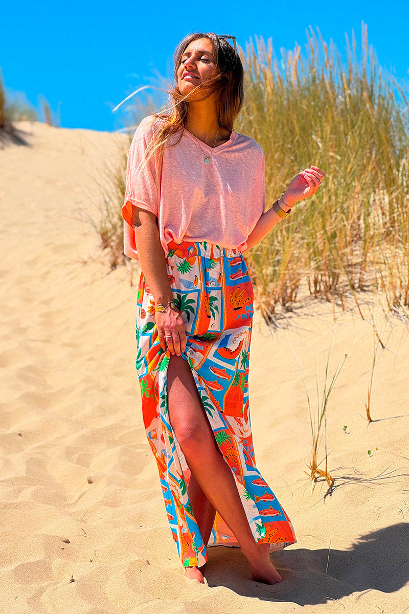 Coral Tropical Block Button-Front Skirt
