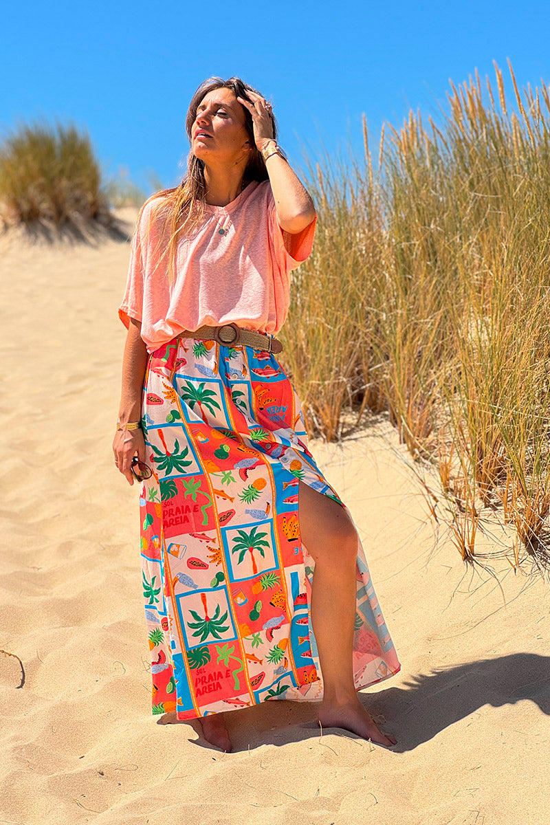 Coral Tropical Block Button-Front Skirt