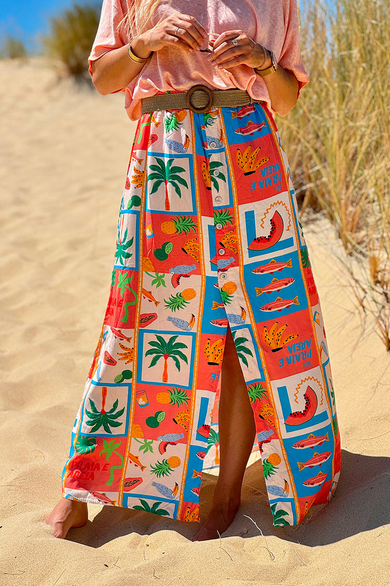 Coral Tropical Block Button-Front Skirt