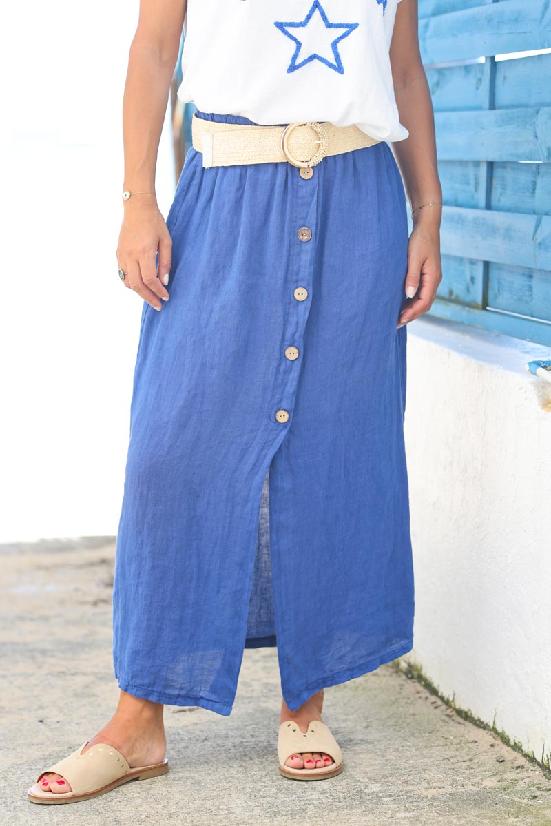 Jupe longue fendue en lin boutonnee bleu roi G145 (2)