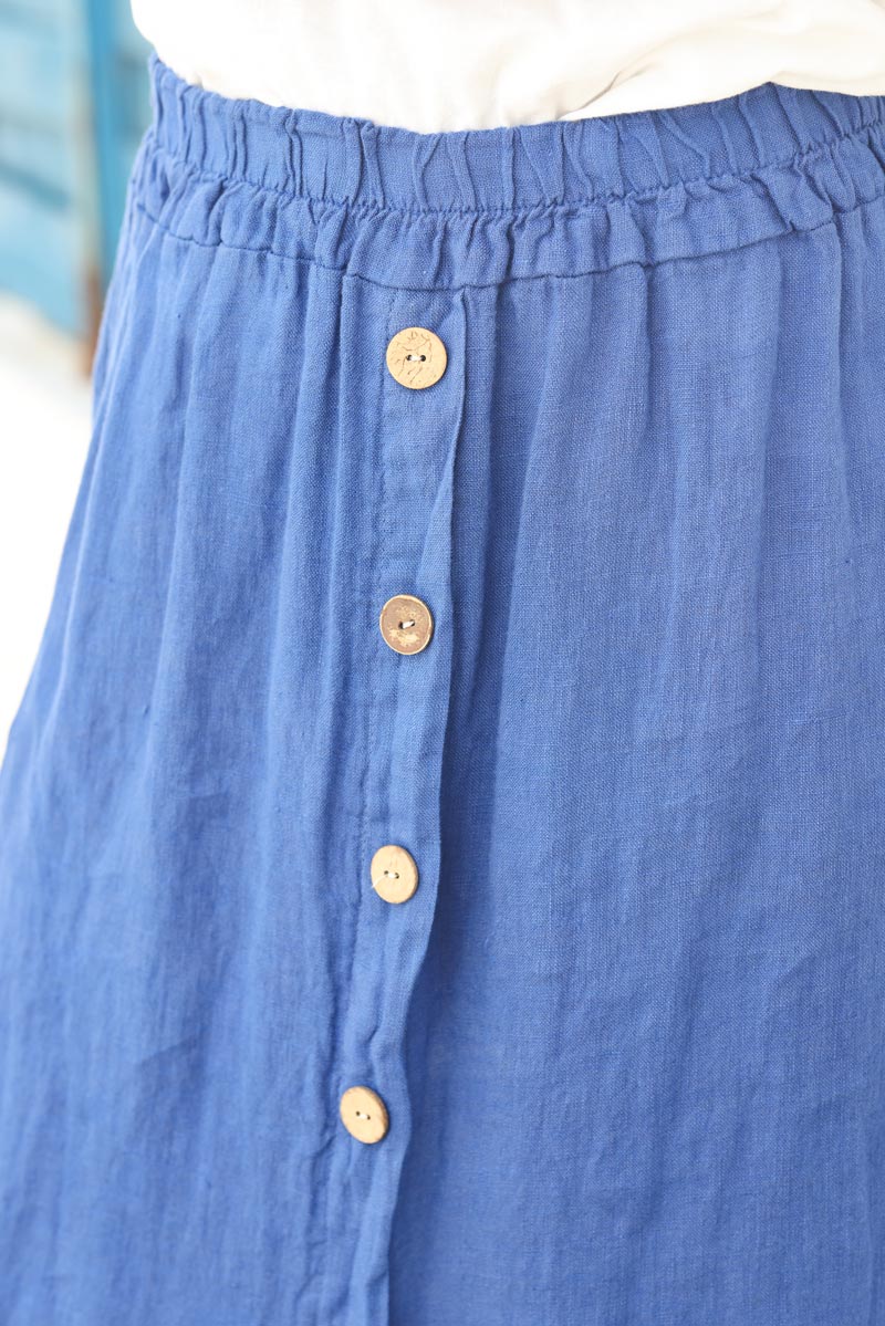 Jupe longue fendue en lin boutonnee bleu roi G145 (2)