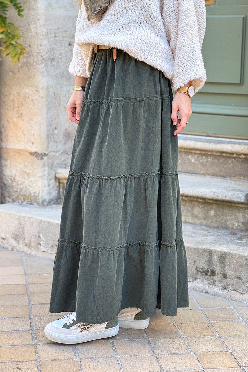 Khaki Tiered Corduroy Skirt
