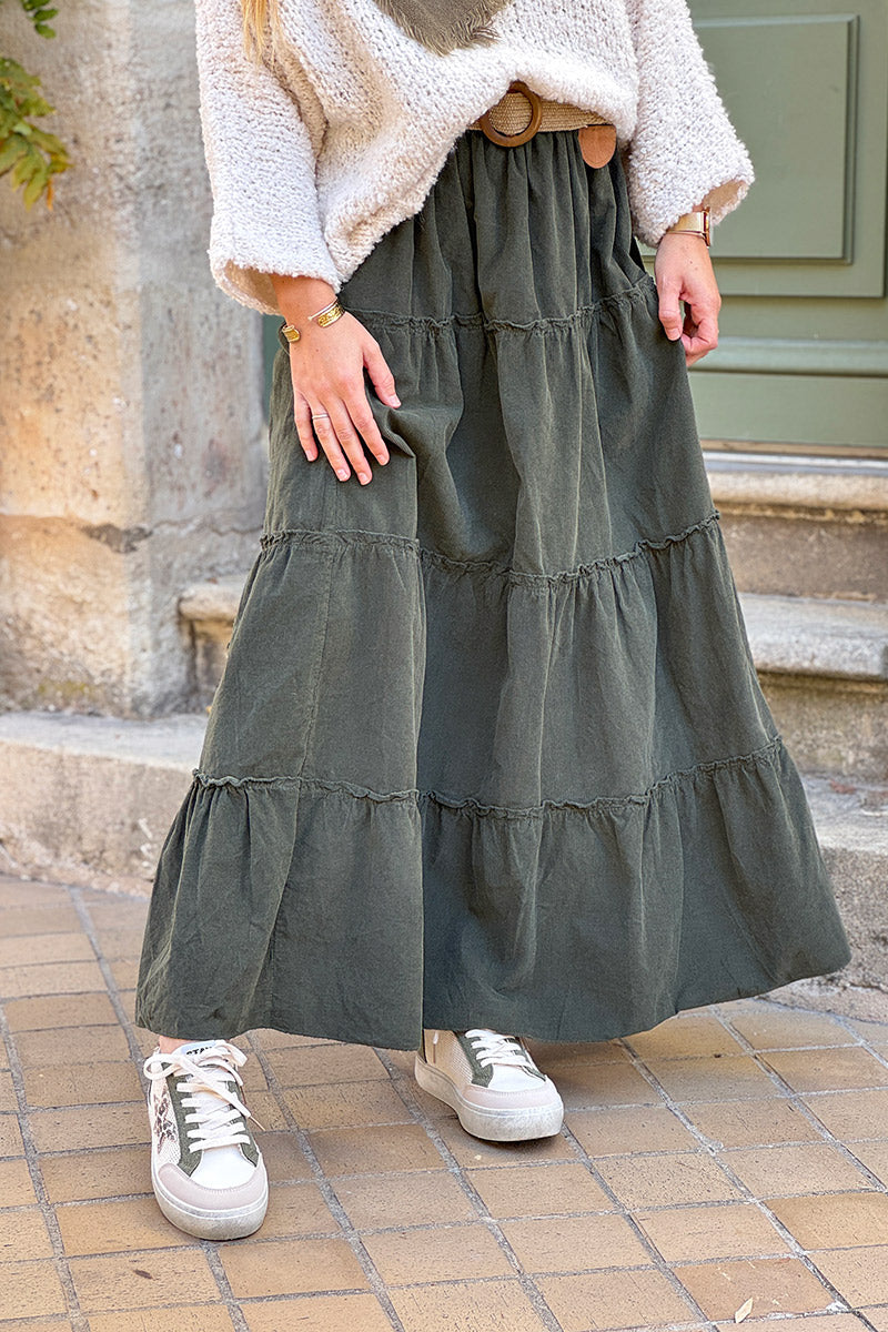 Khaki Tiered Corduroy Skirt