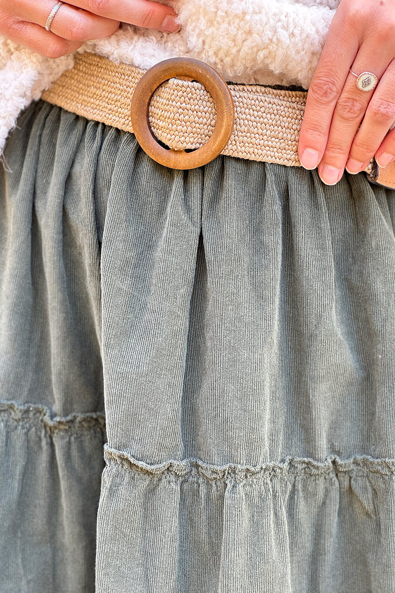 Khaki Tiered Corduroy Skirt