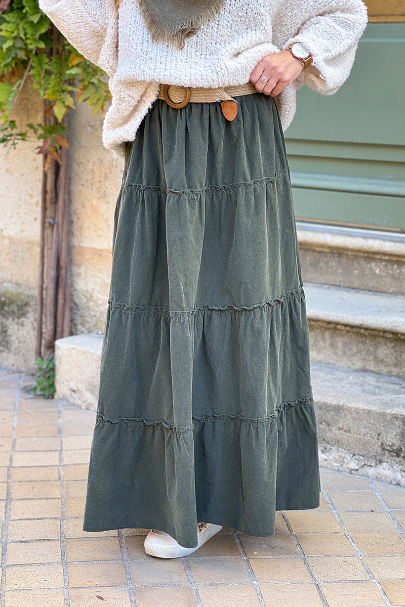 Olive Tiered Corduroy Skirt