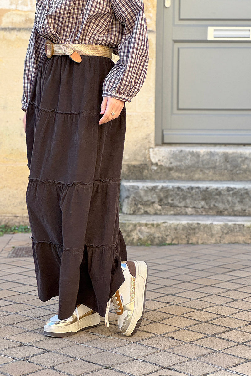 Brown Chocolate Tiered Corduroy Skirt