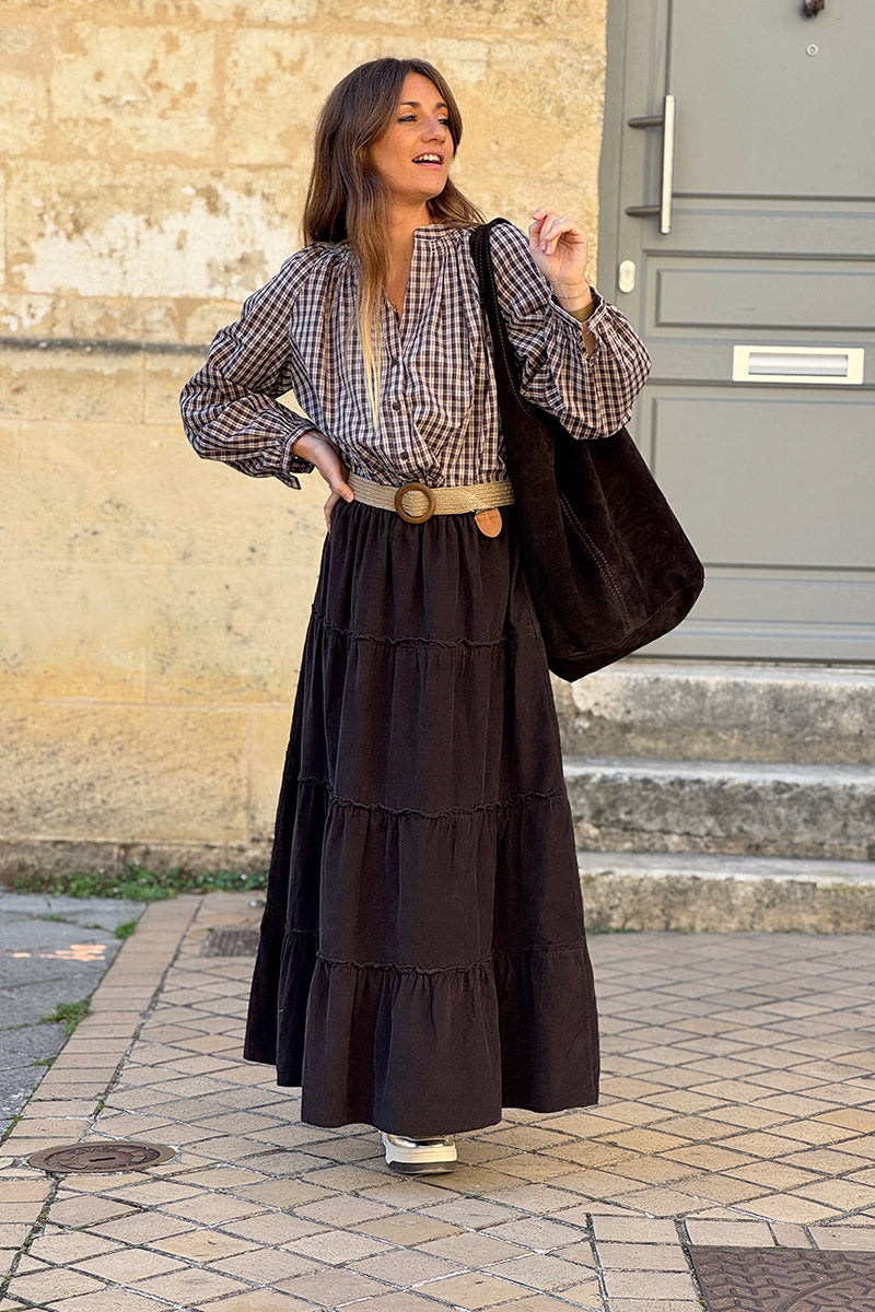 Brown Chocolate Tiered Corduroy Skirt Horizons Lointains