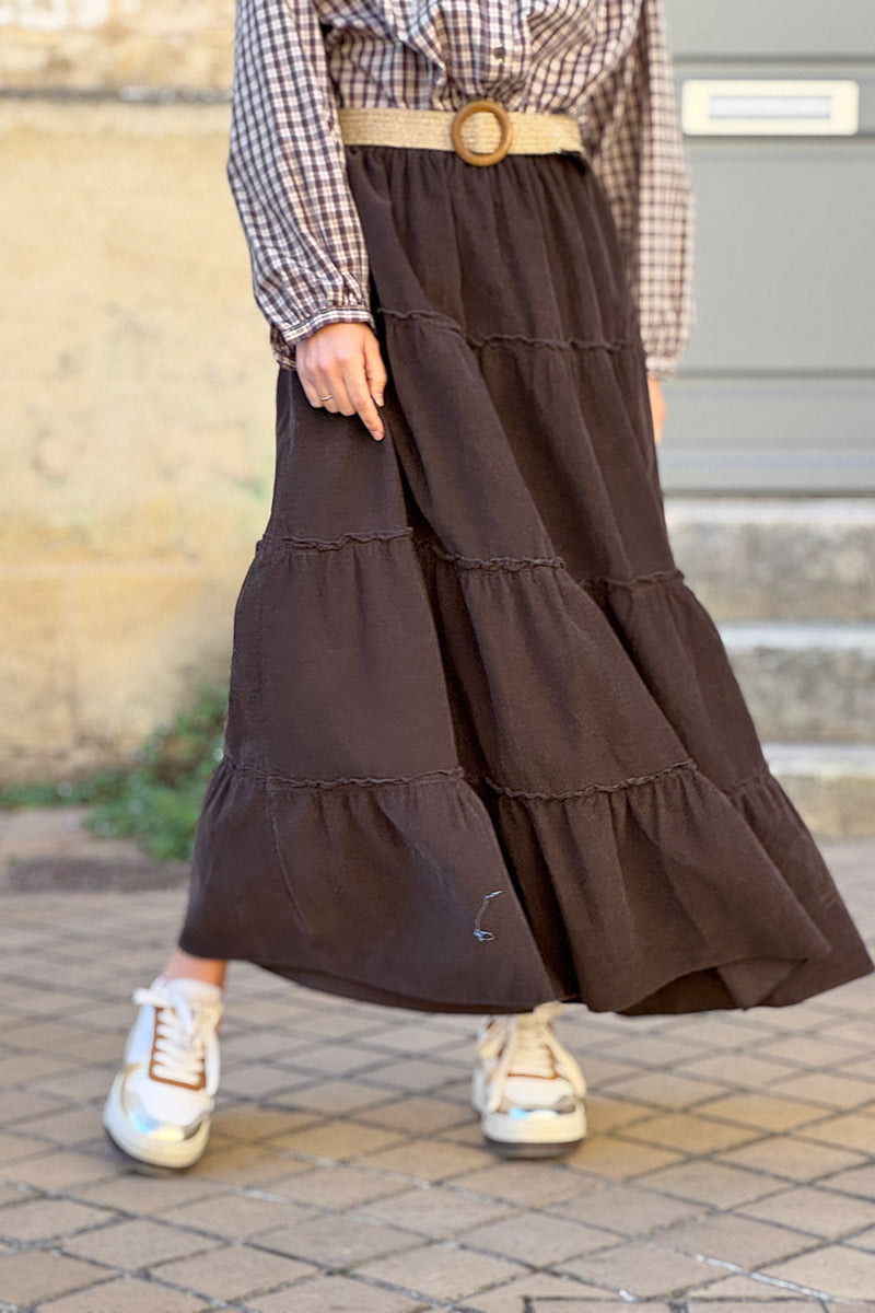 Brown Chocolate Tiered Corduroy Skirt