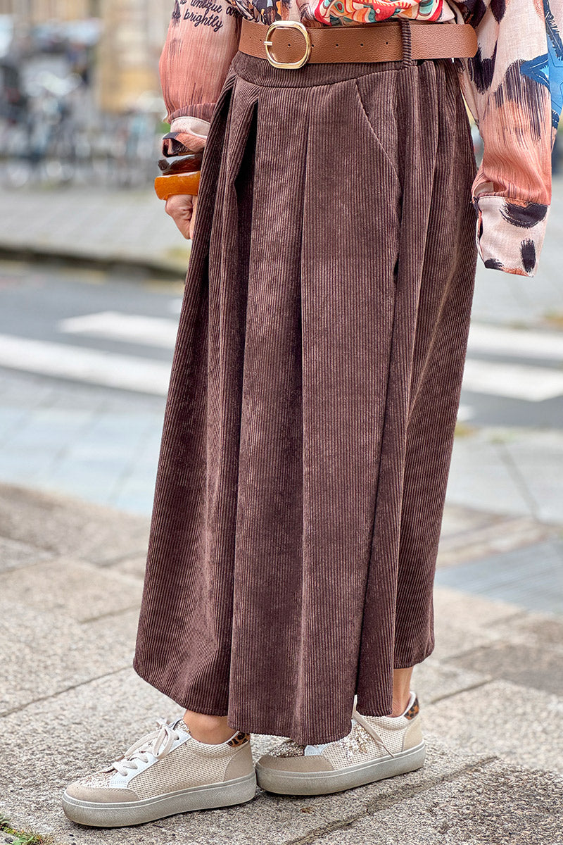 Chocolate Brown Belted Corduroy Skirt
