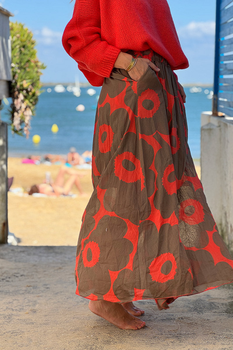 Orange Floral Maxi Skirt with Pockets