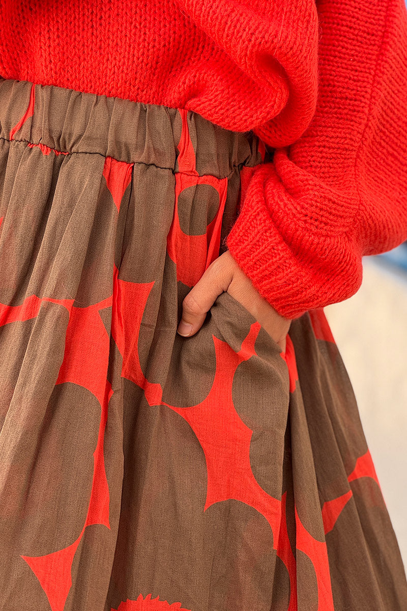Orange Floral Maxi Skirt with Pockets