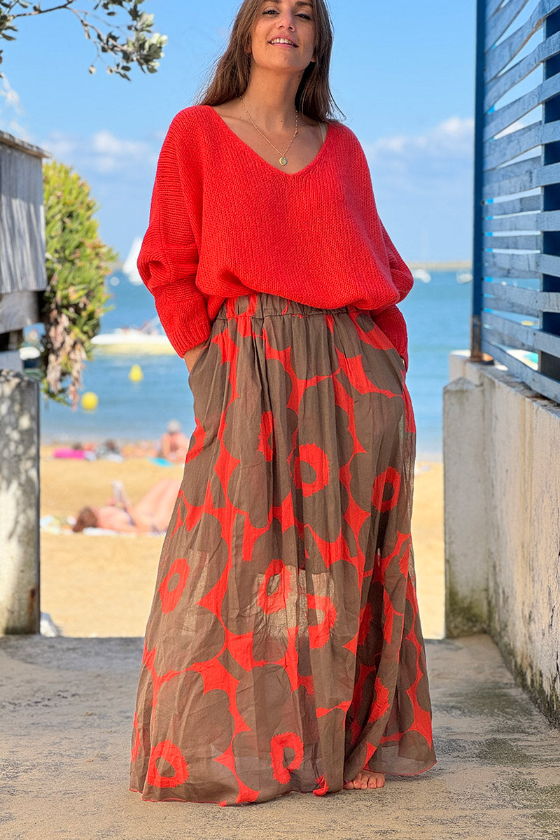 Orange Floral Maxi Skirt with Pockets