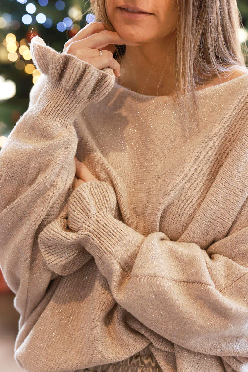 Beige Glitter Batwing Sweater with Ruffled Cuffs