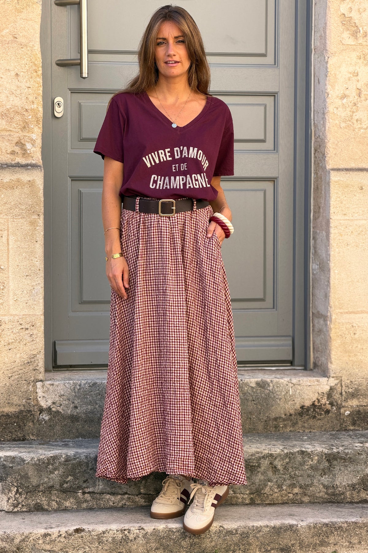 Jupe longue style flanelle imprimé petits carreaux vichy aubergine taille élastique