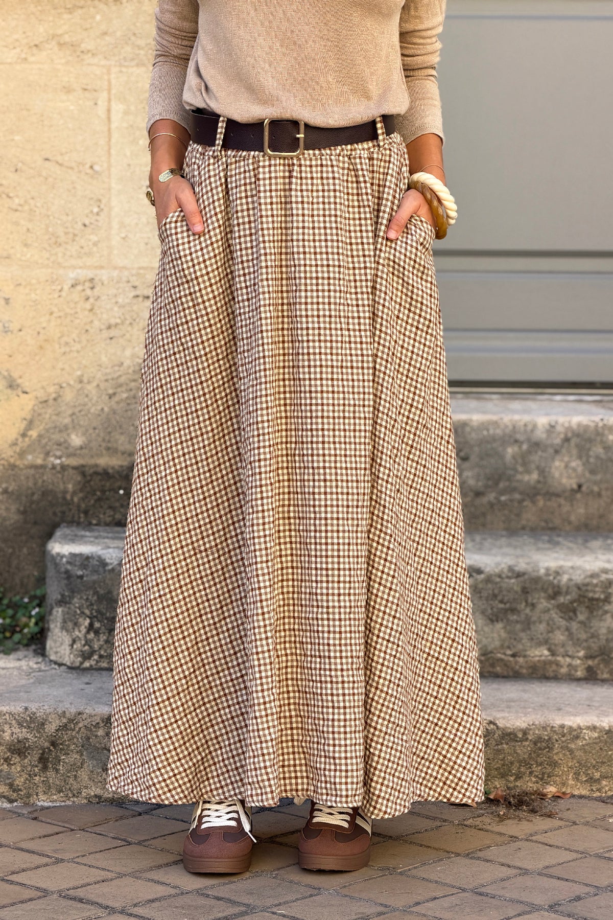 Jupe longue style flanelle imprimé petits carreaux vichy marron et beige taille élastique