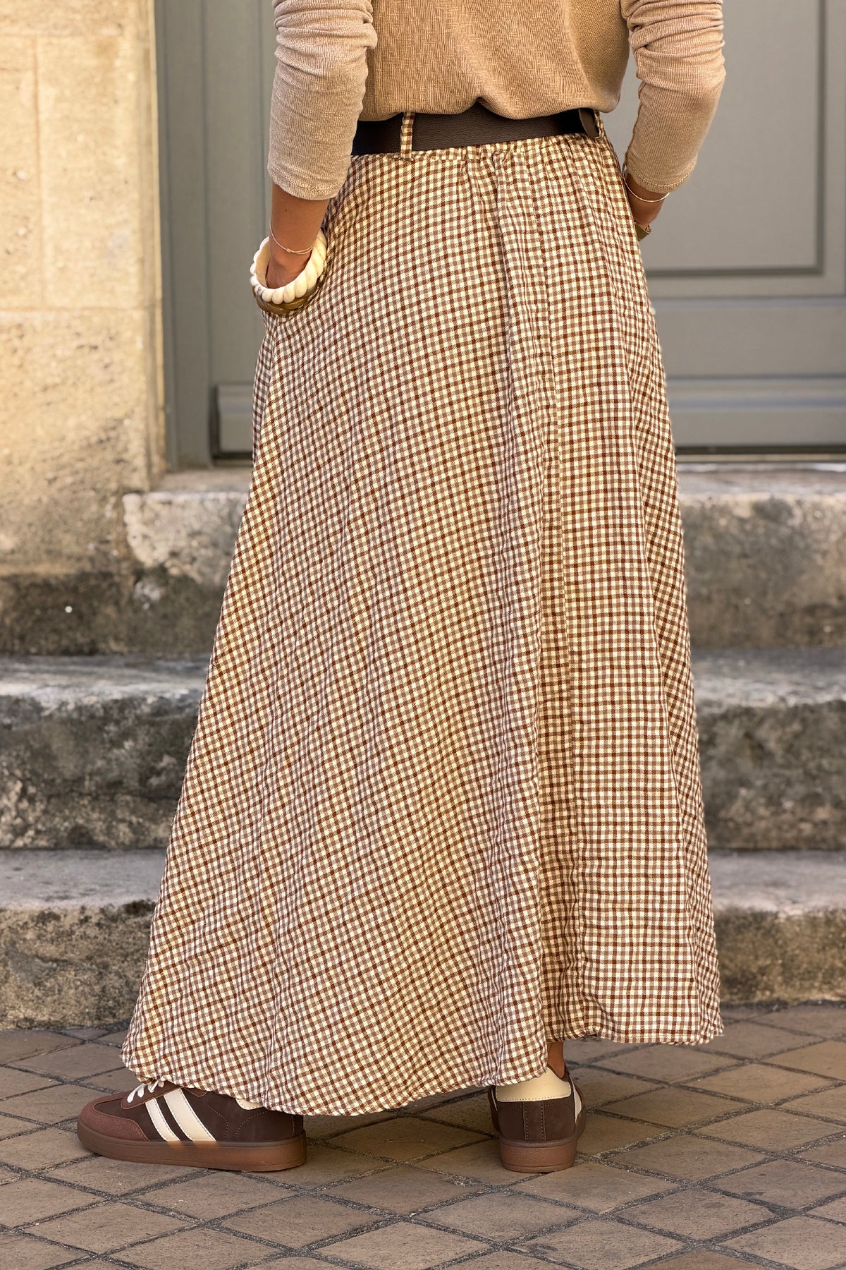 Jupe longue style flanelle imprimé petits carreaux vichy marron et beige taille élastique