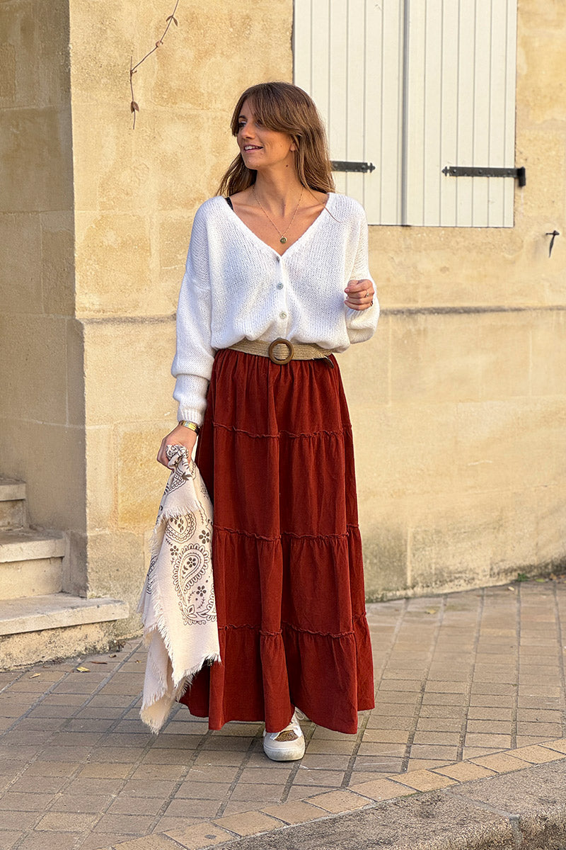 Jupe longue terracotta en velours côtelé fin ceinture élastique