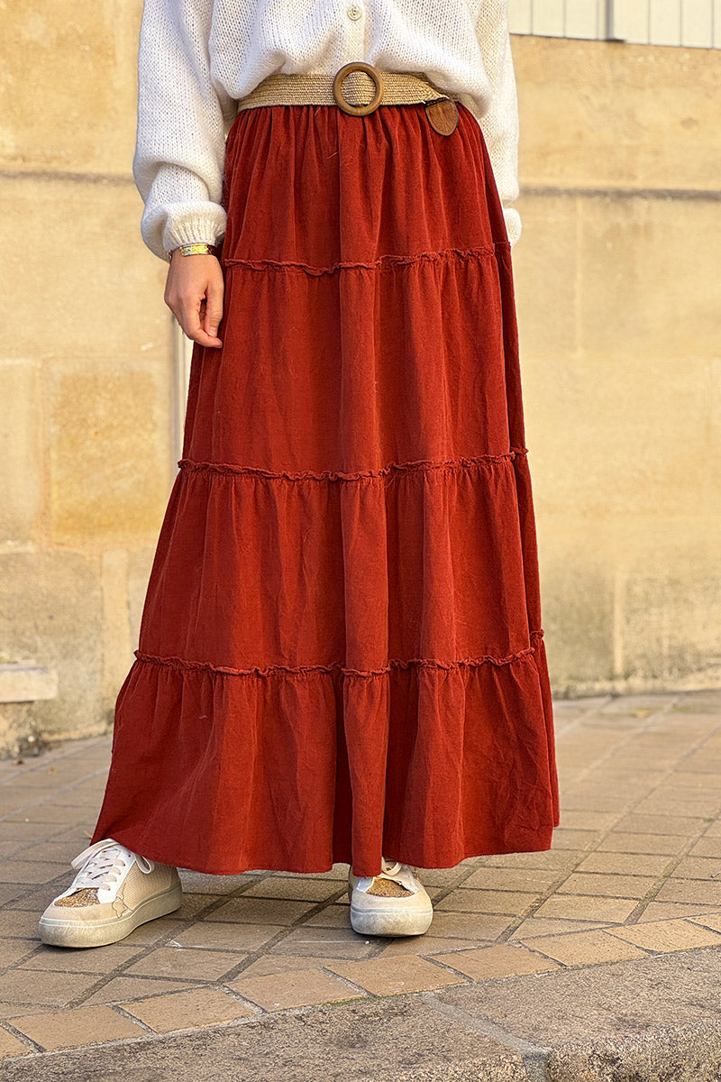Jupe longue terracotta en velours côtelé fin ceinture élastique