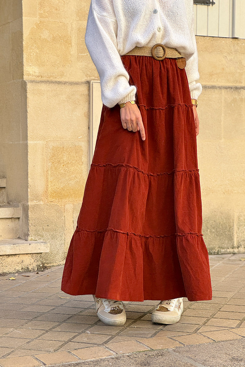 Jupe longue terracotta en velours côtelé fin ceinture élastique