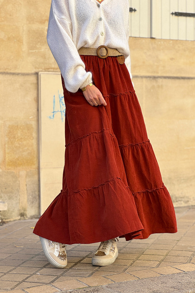 Jupe longue terracotta en velours côtelé fin ceinture élastique