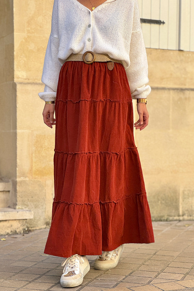 Jupe longue terracotta en velours côtelé fin ceinture élastique
