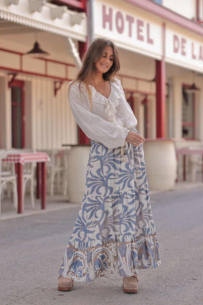 Blue Tropical Foliage Maxi Skirt
