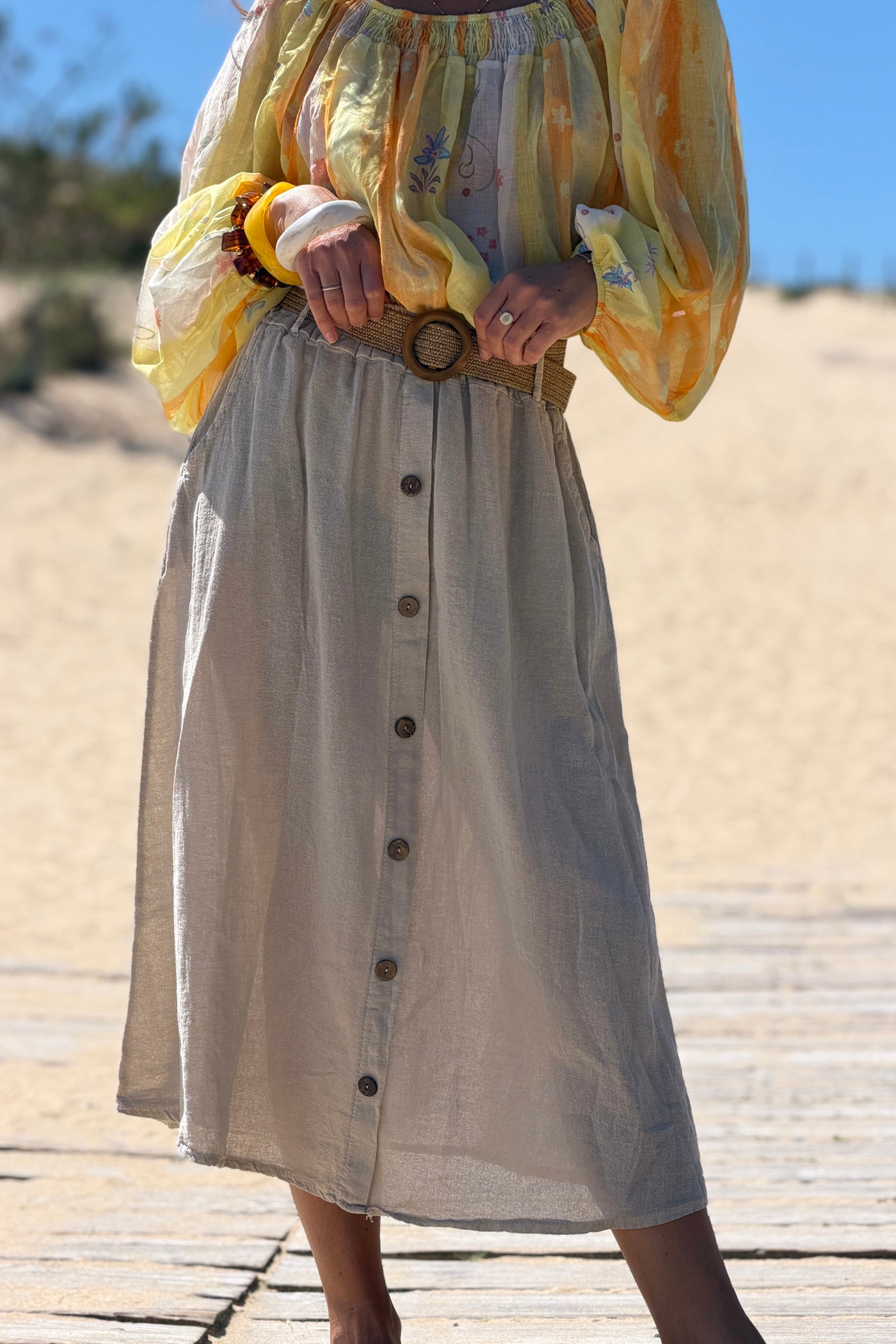 Beige Button-Front Woven Skirt