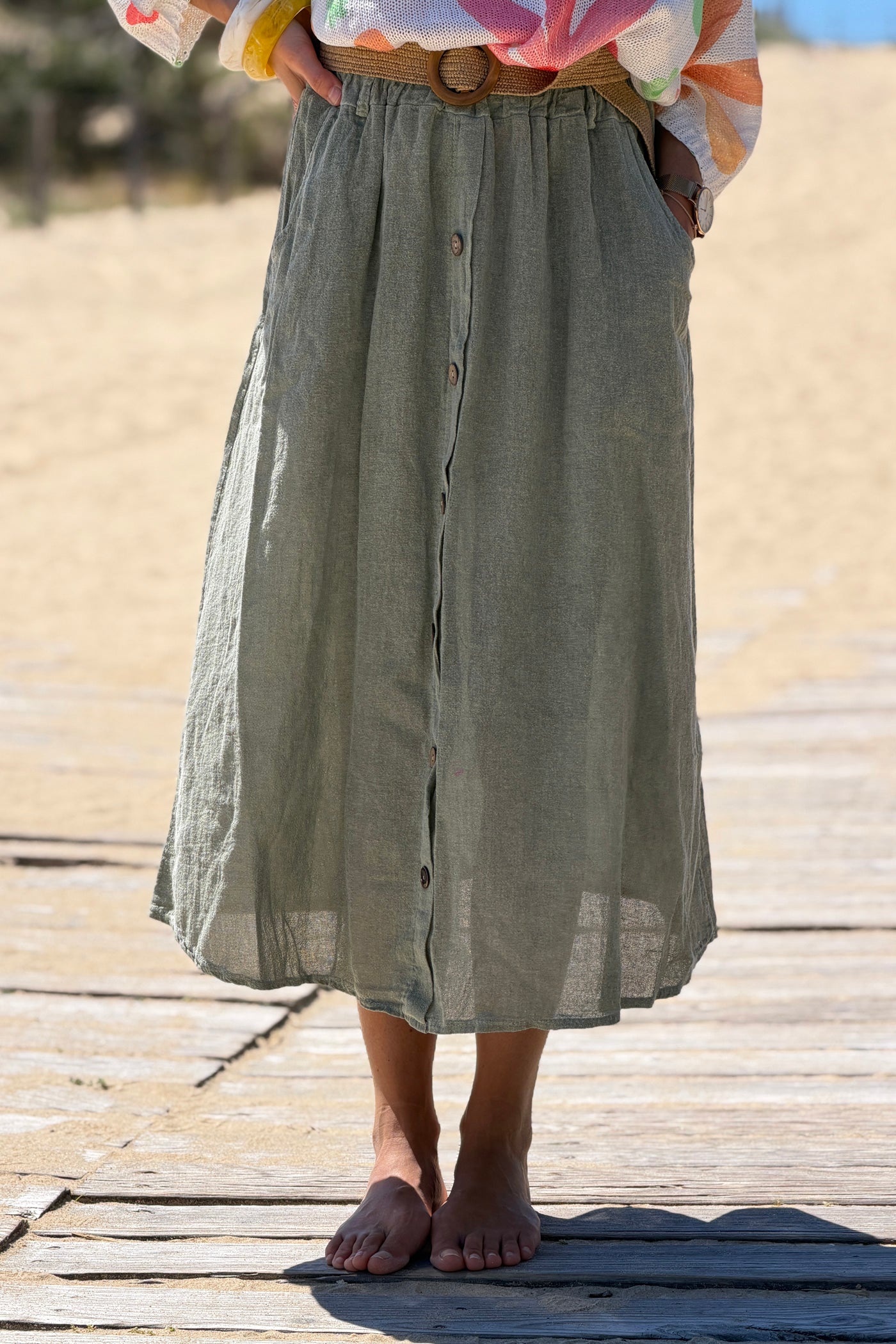 Sage Button-Front Woven Skirt