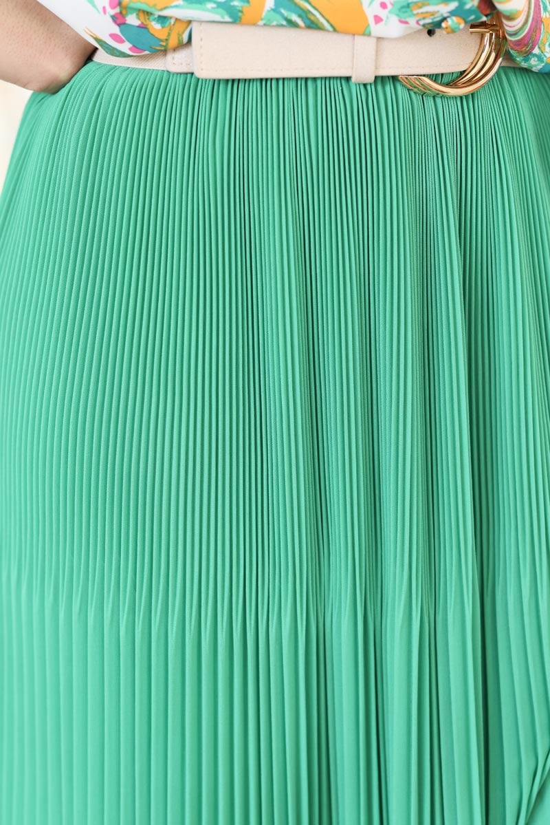 Jupe plissee fluide vert ceinture brillante e156 (1)