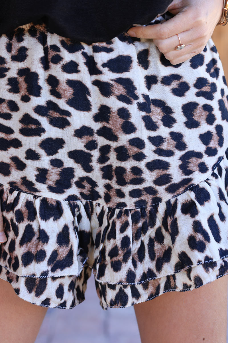 Jupe short en coton volants imprimé leopard