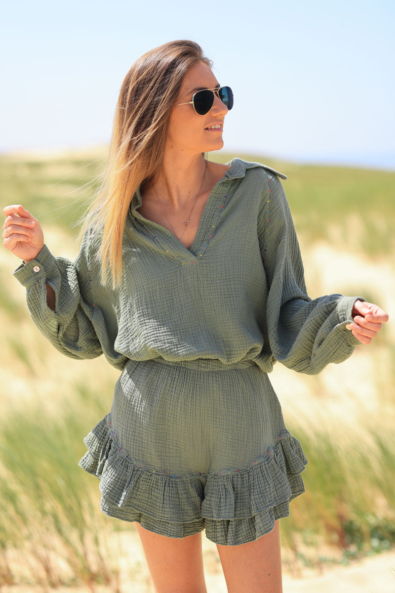 Khaki layered frill cotton skort with colored threads