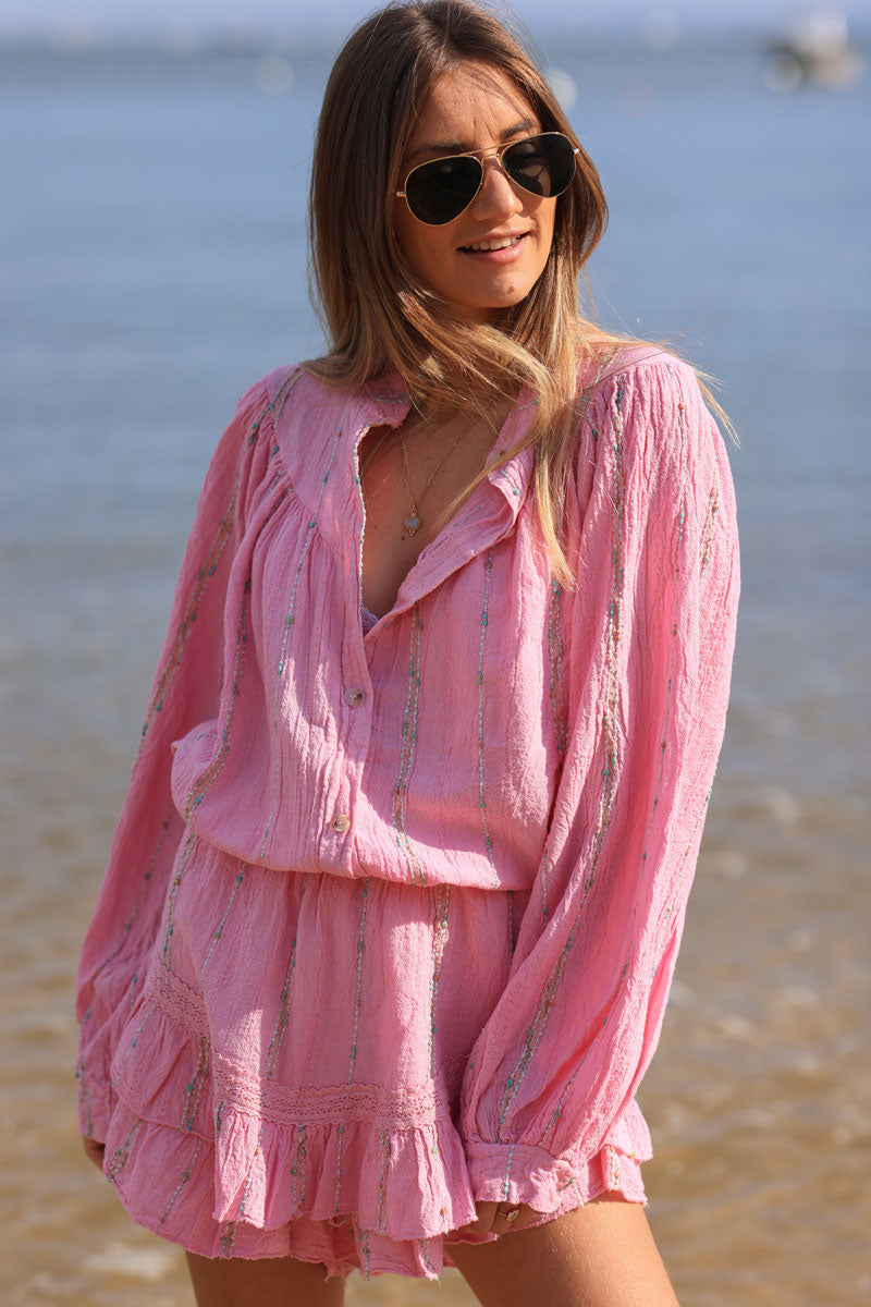 Pink layered frill woven cotton skort with metallic and colored threads