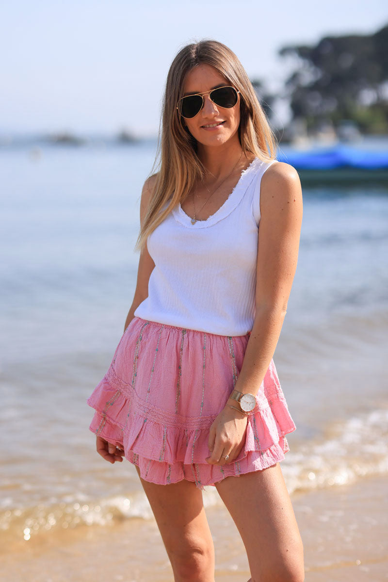 Jupe short rose en coton effet piqué fils brillants et multicolores