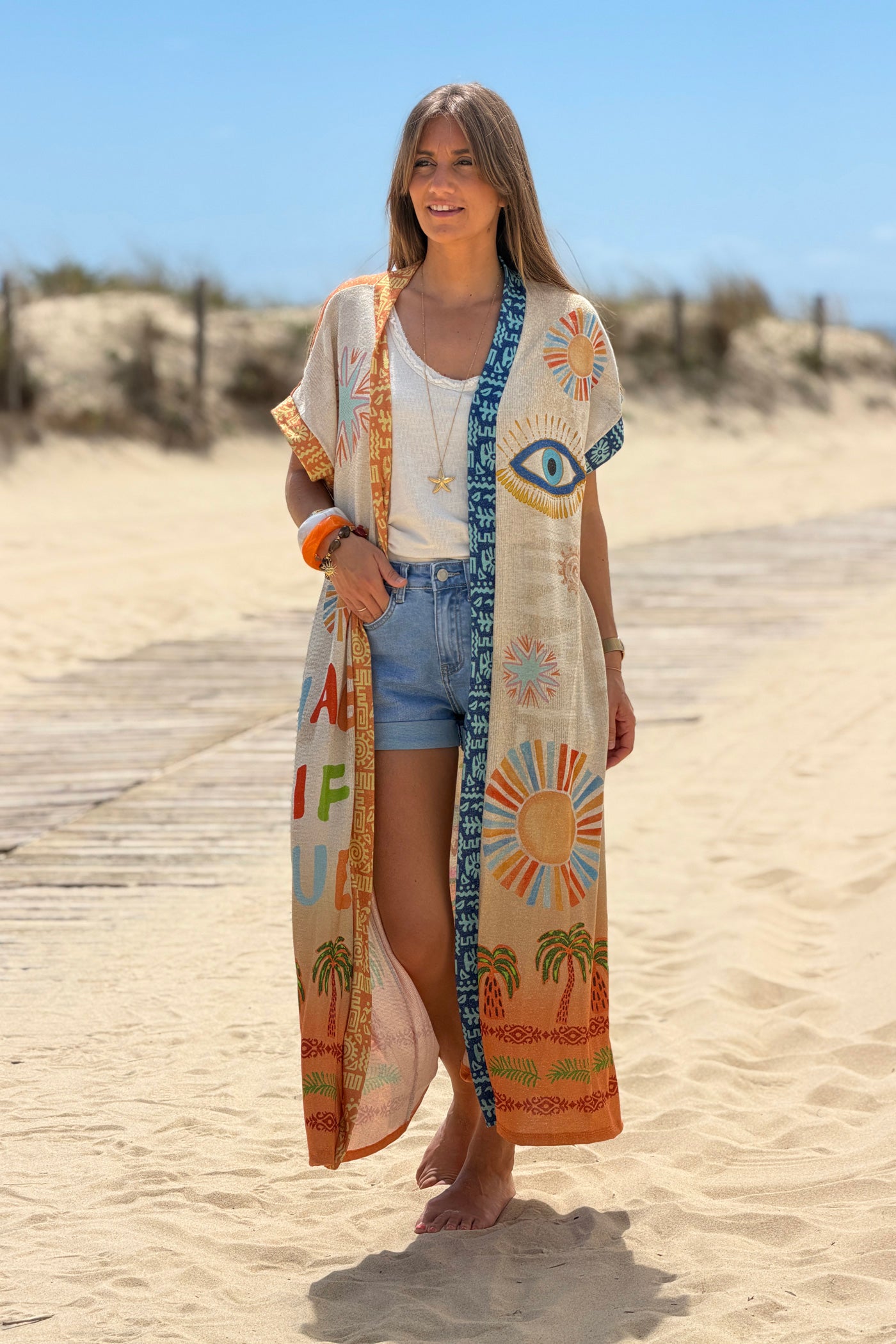 Beige “Amazing Things Are Coming” Glitter Knit Duster