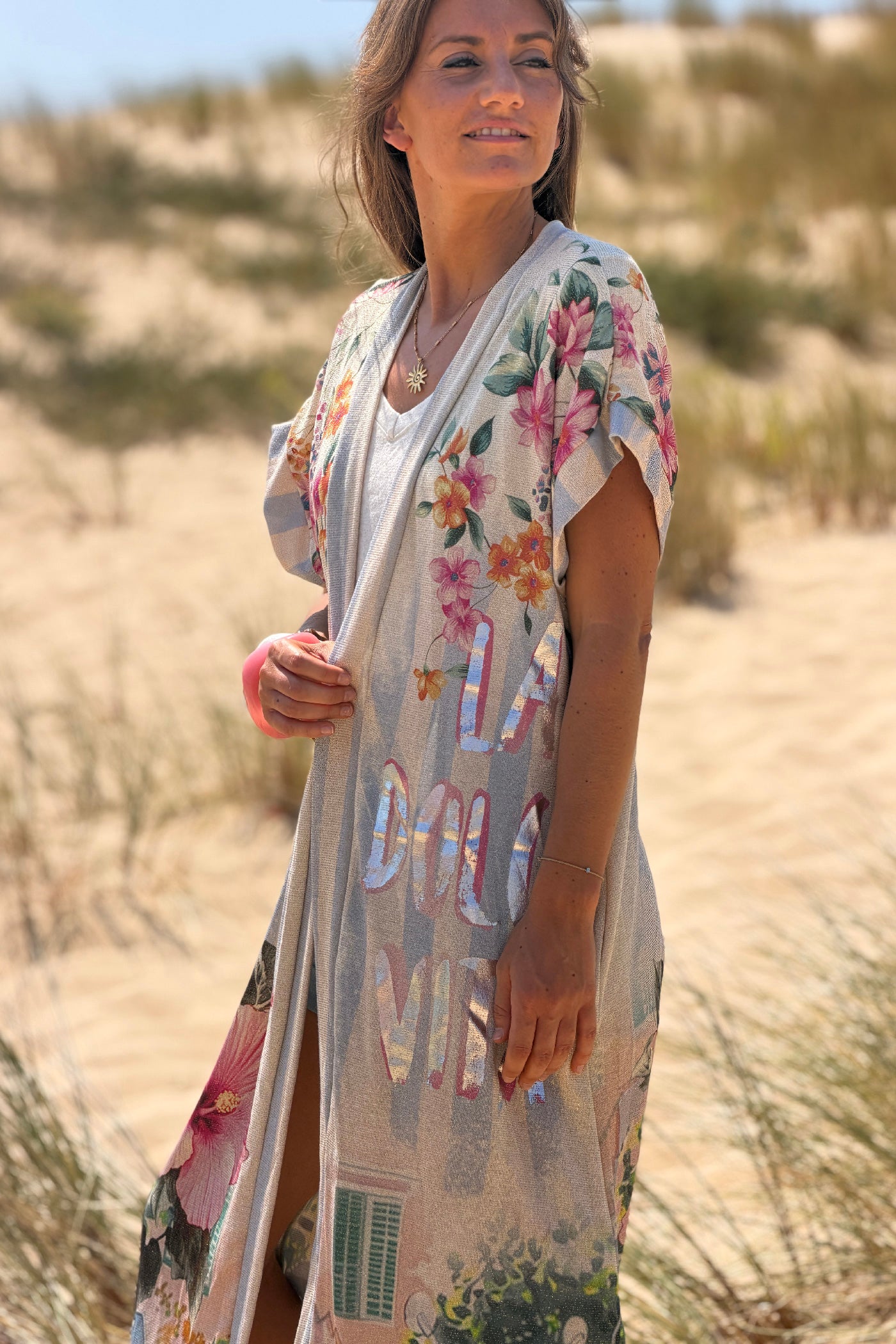 Kimono brillant lurex imprimé dolce vita rose italie et Vespa