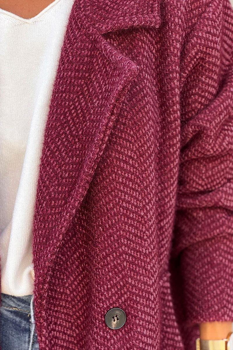 Manteau aubergine long et doux en maille chenille