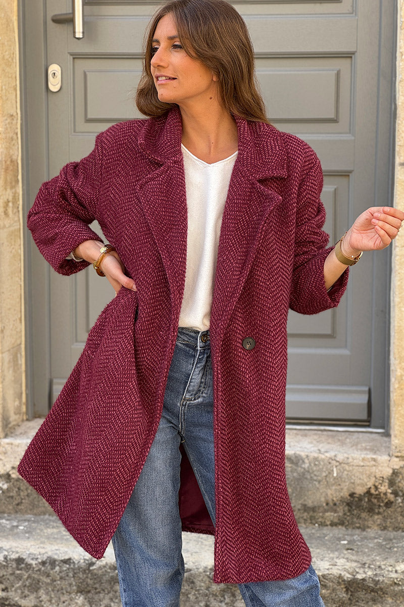 Manteau aubergine long et doux en maille chenille