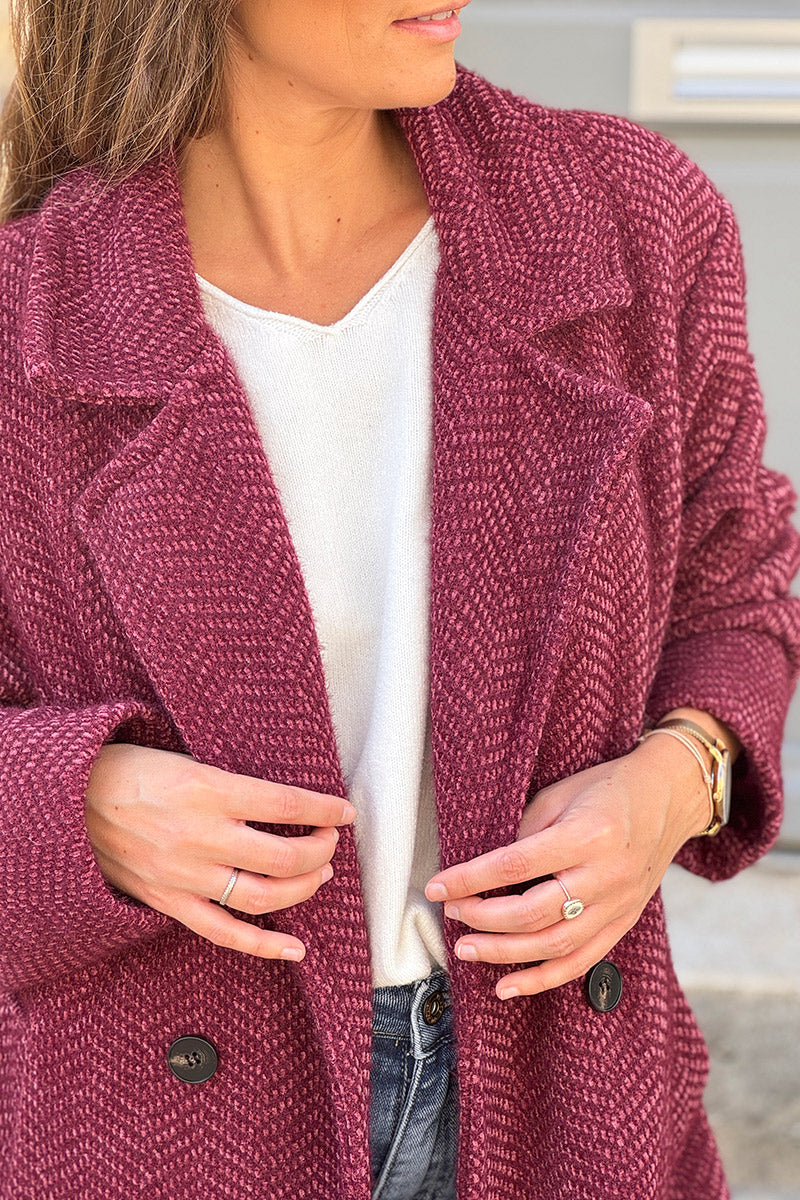 Manteau aubergine long et doux en maille chenille