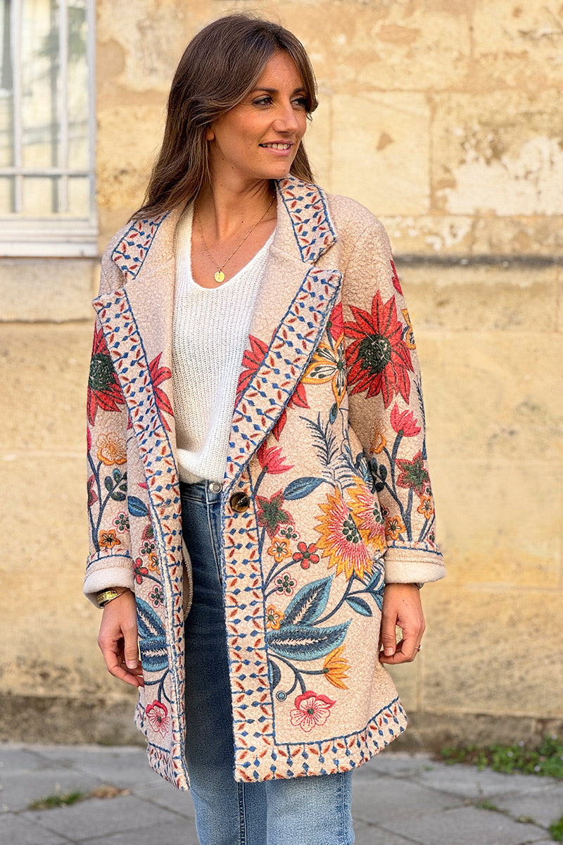 Beige Traditional Floral Sweater Jacket