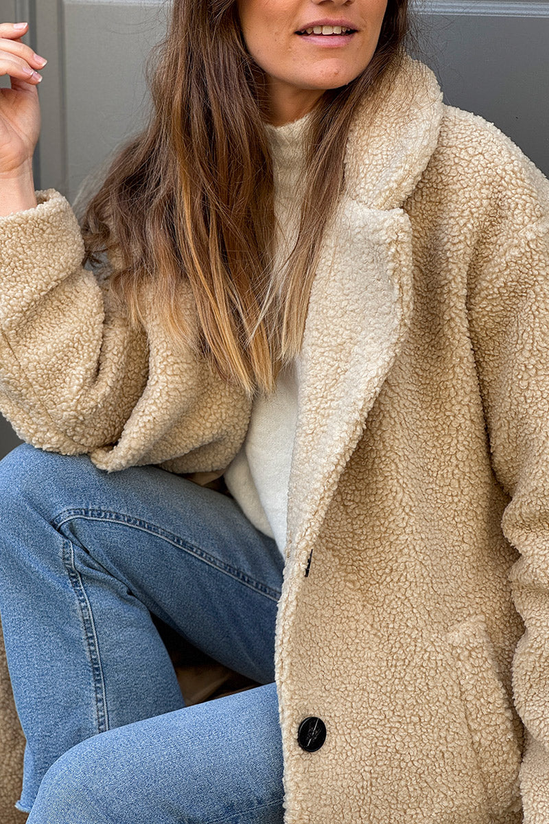 Beige Notched Collar Sherpa Coat